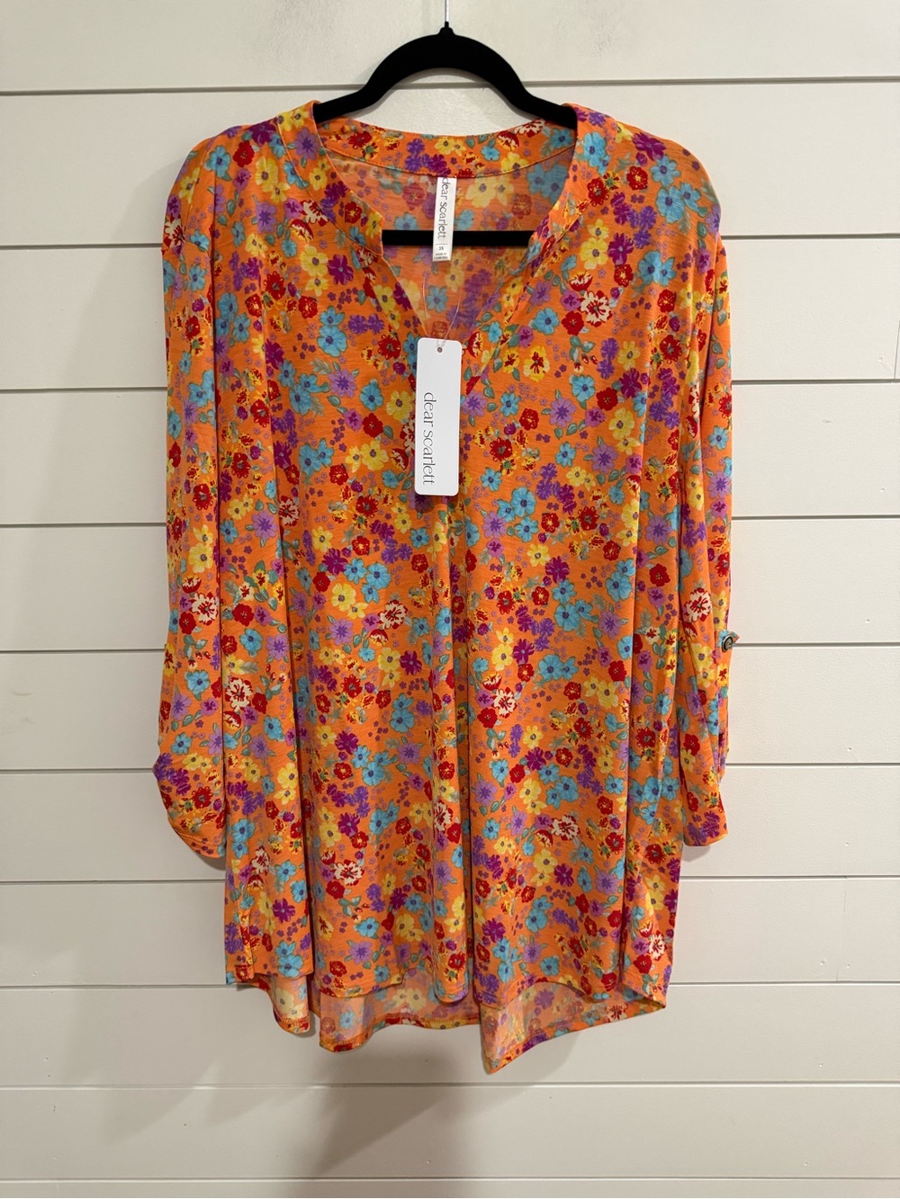 Dear Scarlett Orange Floral Buttonless V-Neck Tunic